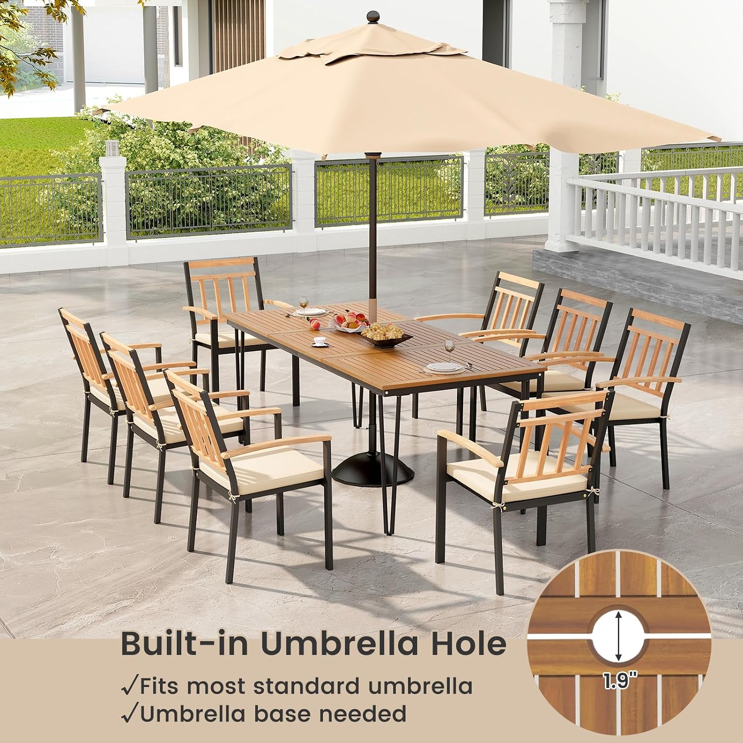 Tangkula 9 Piece Patio Dining Set, Outdoor Dining Furniture Set w/Rectangular Acacia Wood Dining Table & 8 Cushioned Chairs, Metal Frame Dining Set w/Umbrella Hole for Yard, Porch, Garden, Deck
