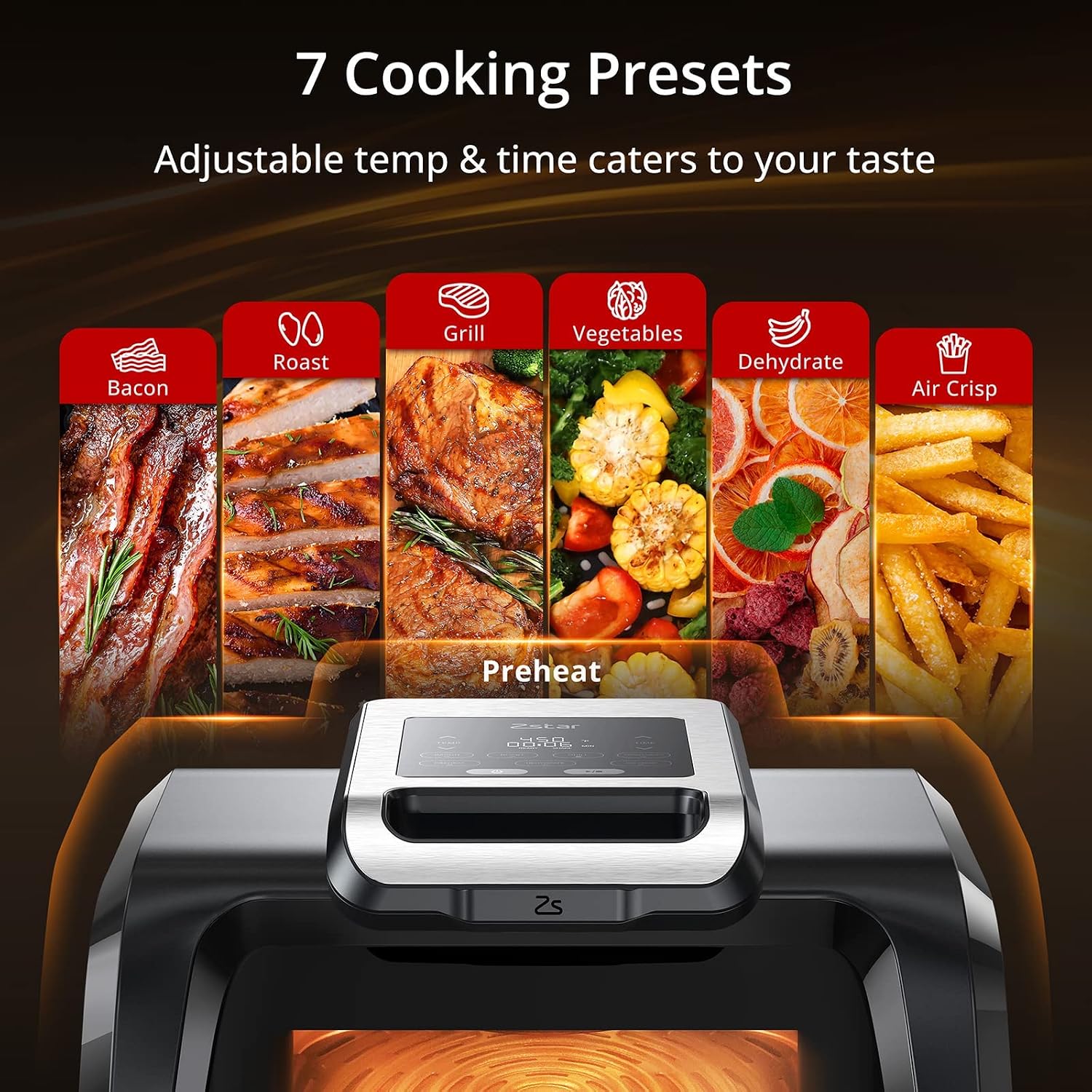 Indoor Grill Air Fryer with Window, 7-in-1 Smokeless Electric Air Grill, Air Fryer/Bacon/Roast/Grill/Vegetables/Dehydrate/Air Crisp, Preheat Even Heat, with Stainless Steel Tongs