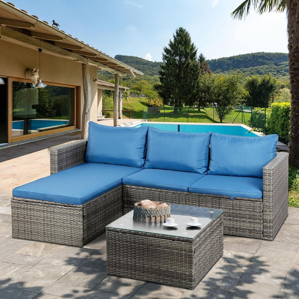 Shintenchi Outdoor Patio Furniture Sets, Small Outdoor Sofa Patio Sectional Sets 3-Piece All Weather Wicker Rattan Seating Sofas with Glass Coffee Table and Cushion (Blue)