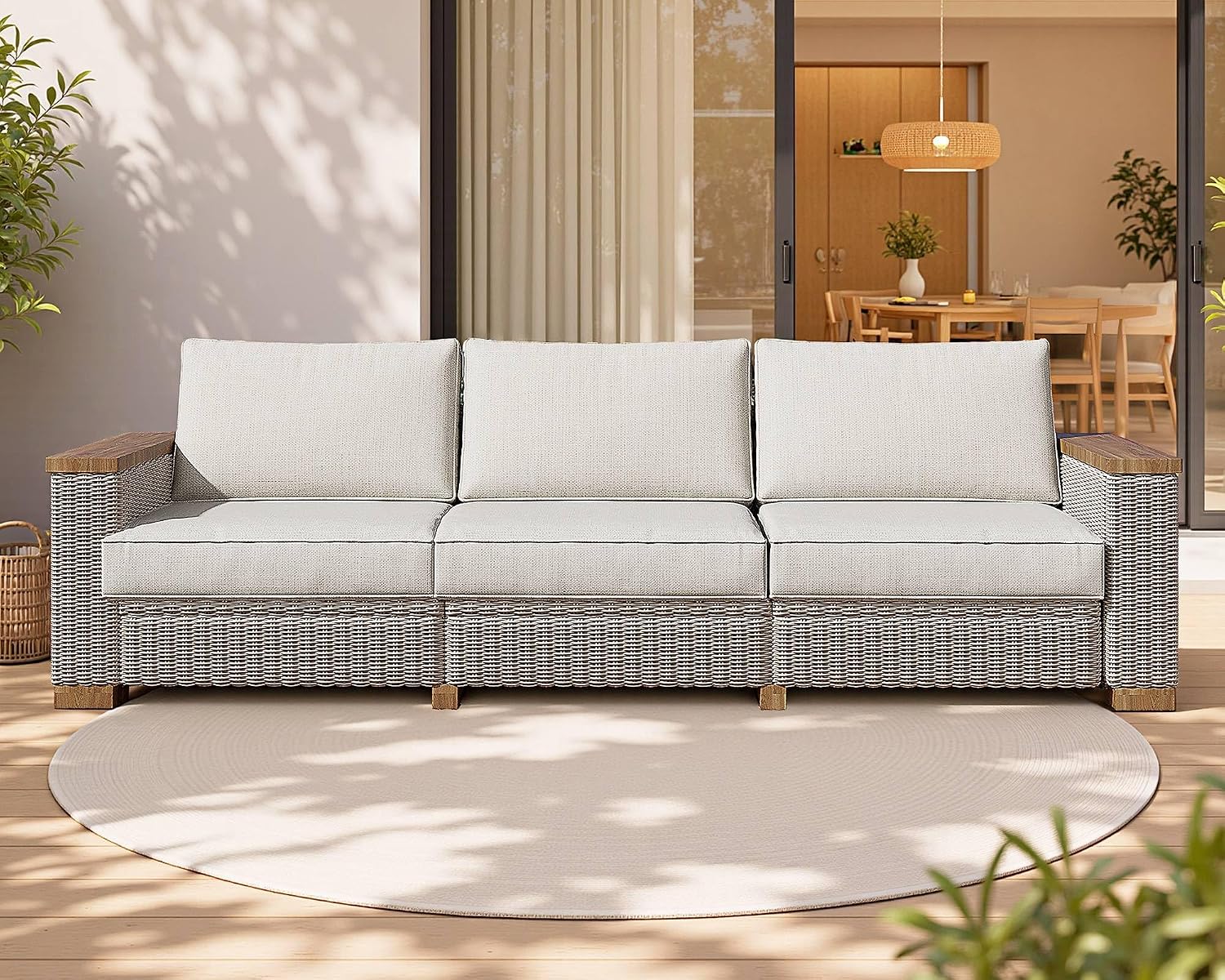 PaPaJet 3 Seat Outdoor Patio Sofa, All-Weather Wicker Couch with Solid Wood Armrests and Legs, 4.7 Inch Thick Removable Cushions, UV Resistant Modular Sofa Perfect for Porch, Backyard, Garden