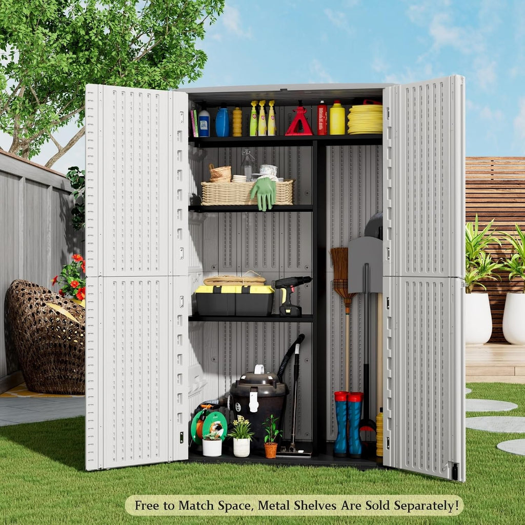 ZZM Large 67 Cu.ft Waterproof Storage Shed, Outdoor Storage Cabinet，Durable Resin Sheds for Patio Furniture, Garden Tools, Pool Accessories, Mower Storage (White)