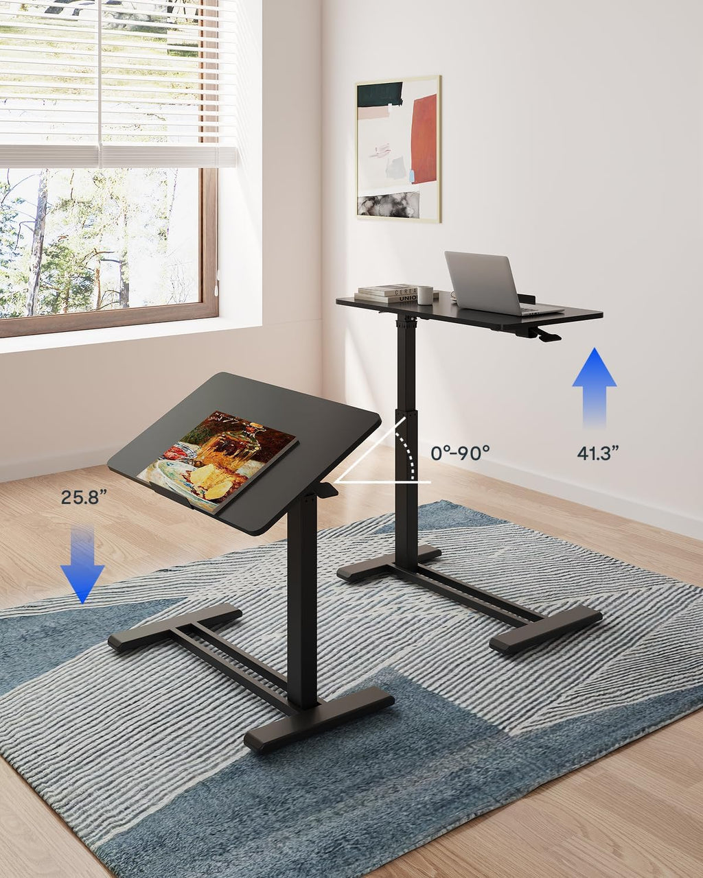 FLEXISPOT H7 PRO Mobile Standing Desk Adjustable Overbed Table Pneumatic with Wheels 90°Tiltable Portable Laptop Desk Rolling Computer Cart Foldable Bedside Table(31.5' W x 17.7' D D, Black)
