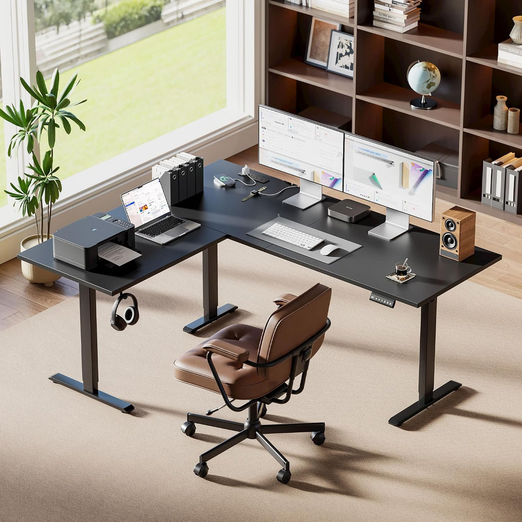 Agilestic Electric L Shaped Standing Desk 75 x 61 Inch with Power Outlet, Height Adjustable Corner Stand up Desk with Cable Management,Sit Stand Home Office Workstation with Splice Board, Black