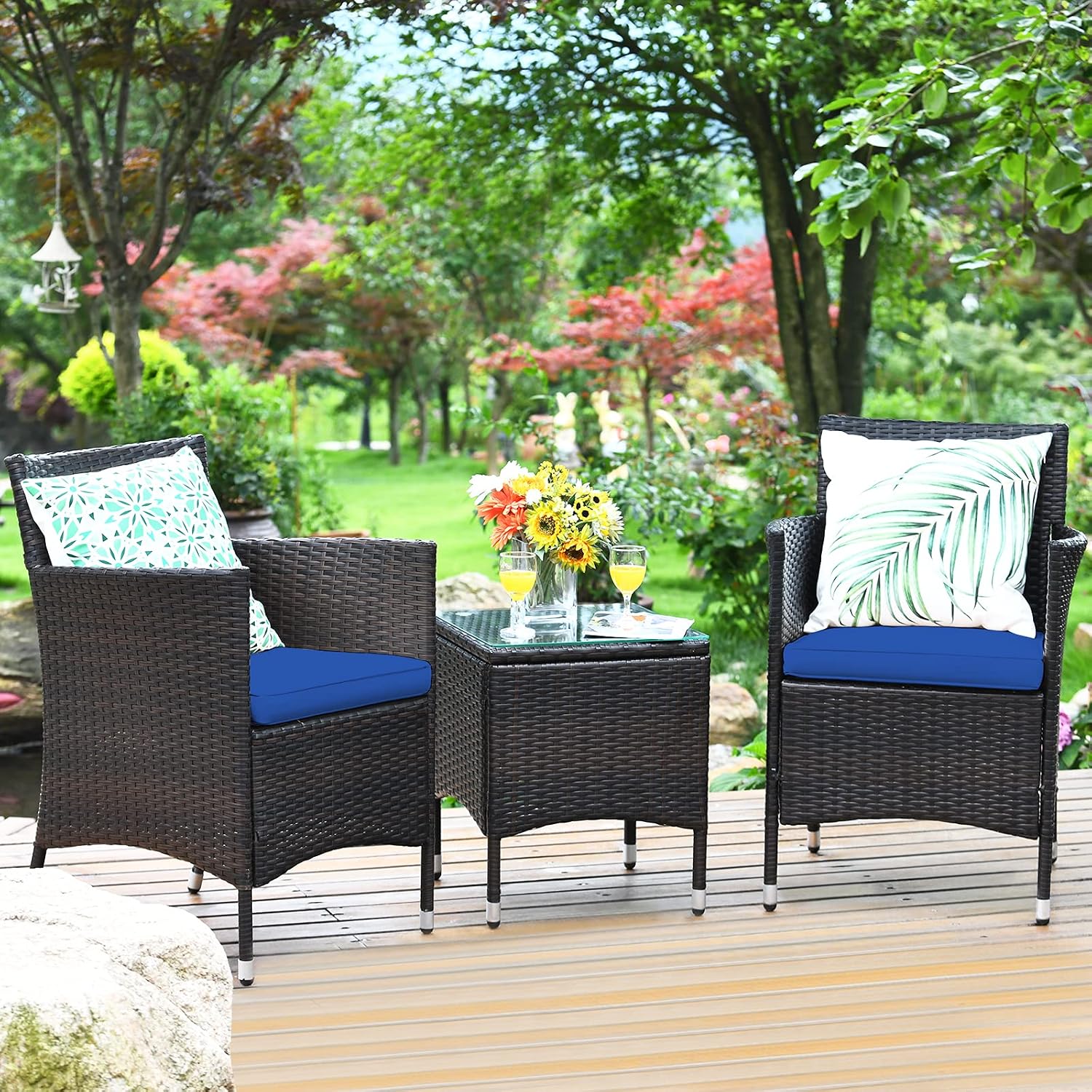 COSTWAY 3 PCS Patio Furniture Set, Outdoor Wicker Conversation Set with Tempered Glass Coffee Table, Seat Cushions, Rattan Wicker Chairs for Poolside Balcony Porch Backyard, Navy