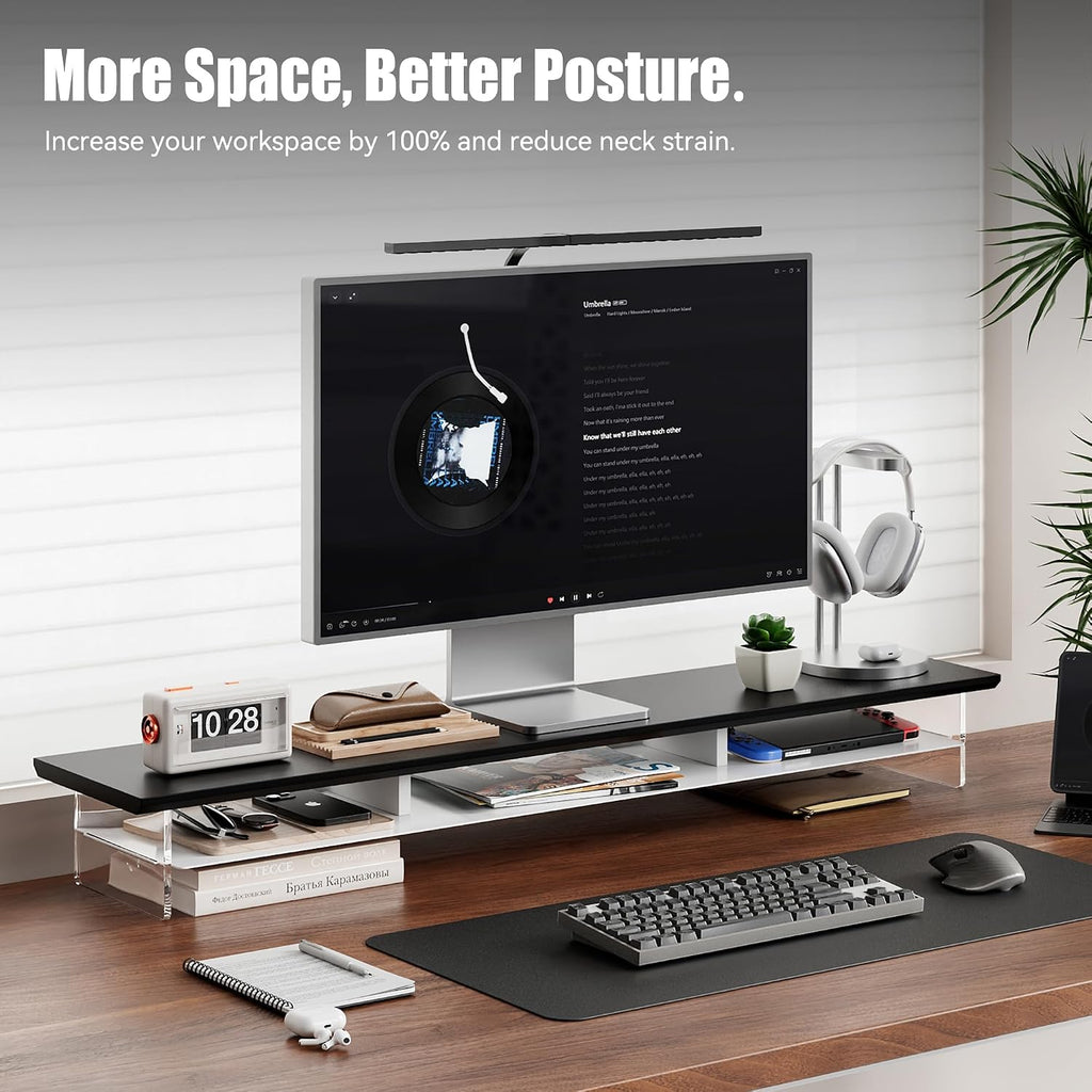 FENSULN Dual‑Tier Monitor Stand for Modern Desk Setup – Minimalist Wooden and Metal Riser Shelf with Transparent Acrylic Feet for Dual Monitors, Laptops, Home Office Aesthetic，Black and White