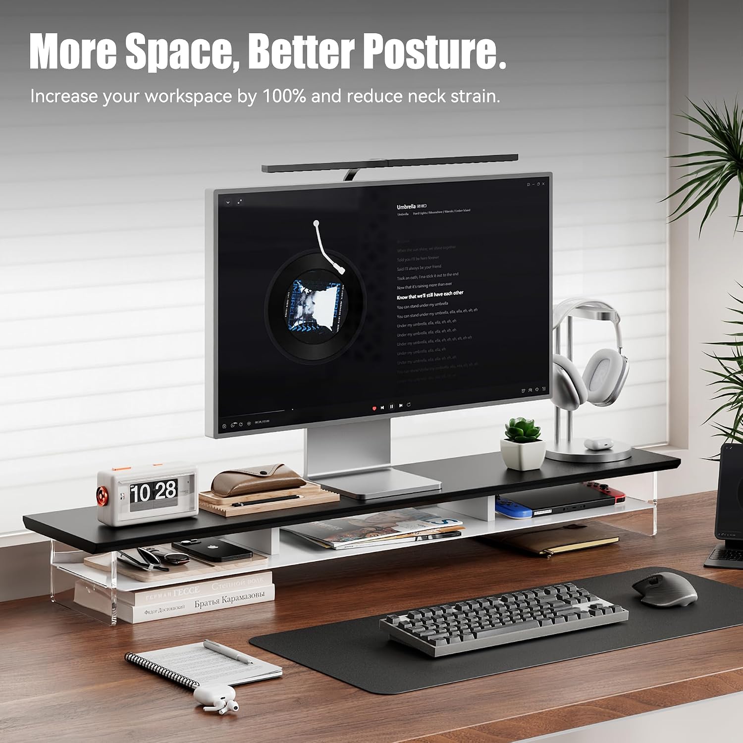 FENSULN Dual‑Tier Monitor Stand for Modern Desk Setup – Minimalist Wooden and Metal Riser Shelf with Transparent Acrylic Feet for Dual Monitors, Laptops, Home Office Aesthetic，Black and White