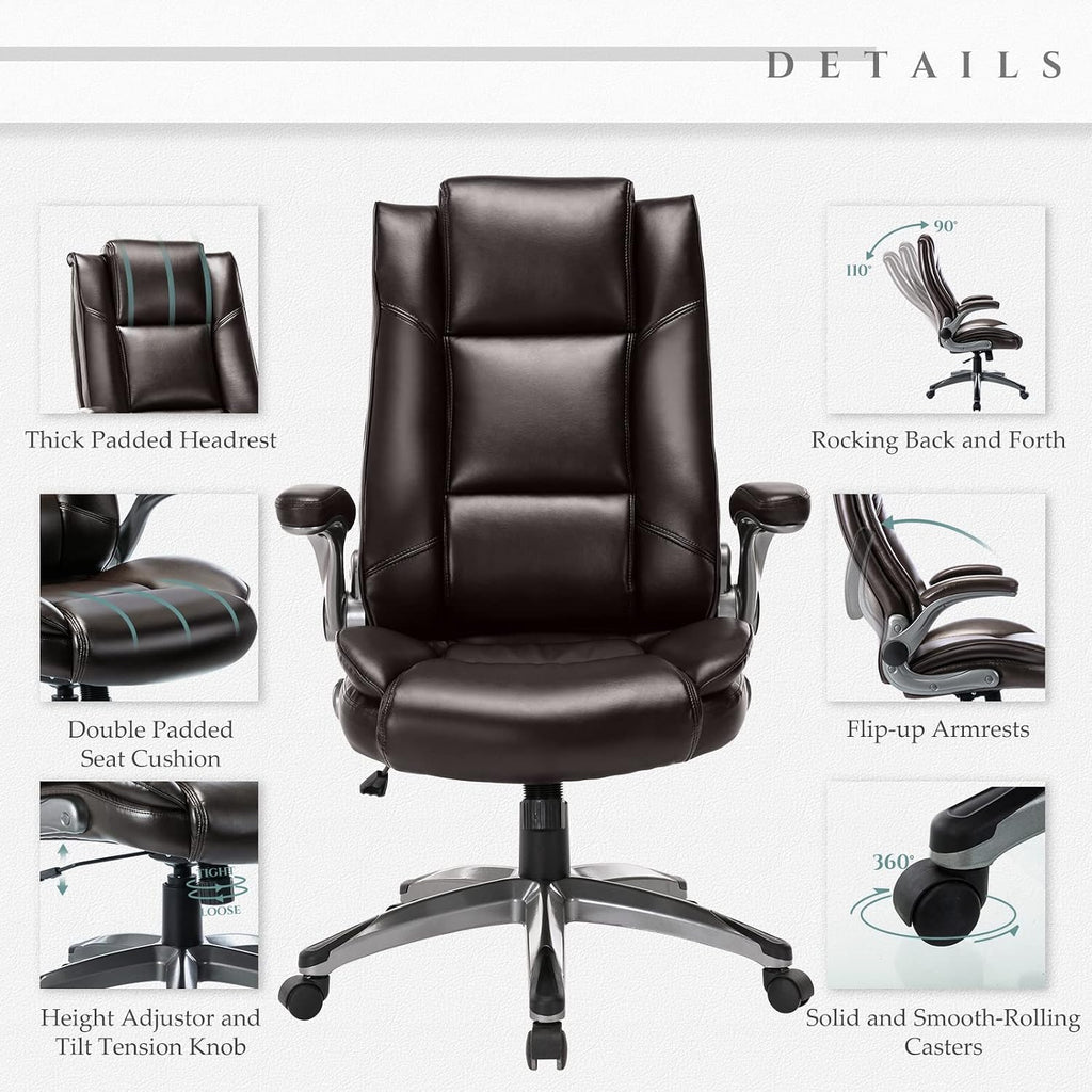 MALOL Leather Executive Office Chair - High Back Home Computer Desk Chair with Padded Flip-up Arms, Adjustable Tilt Lock, Swivel Rolling Ergonomic Chair for Adult Working Study, Brown