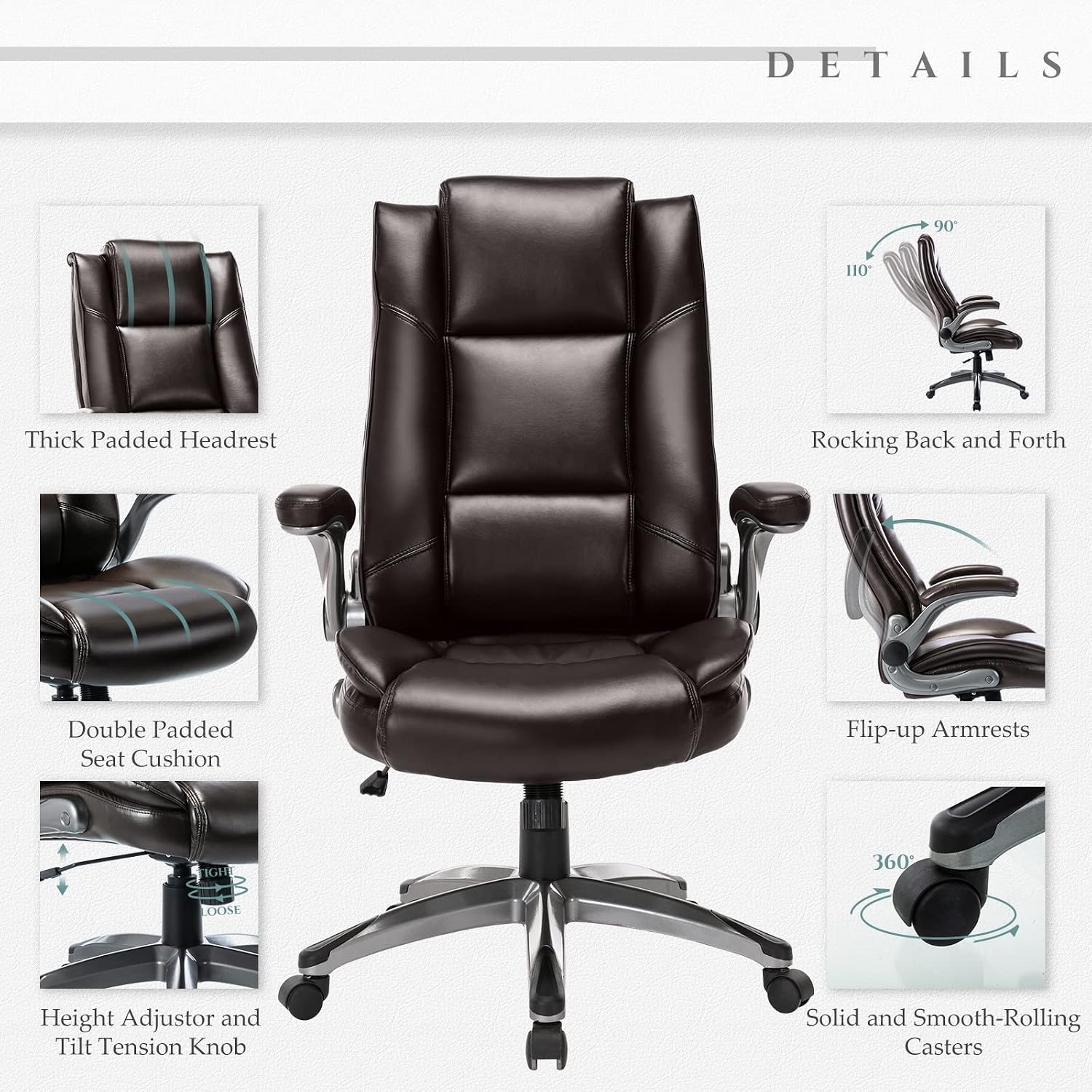 MALOL Leather Executive Office Chair - High Back Home Computer Desk Chair with Padded Flip-up Arms, Adjustable Tilt Lock, Swivel Rolling Ergonomic Chair for Adult Working Study, Brown