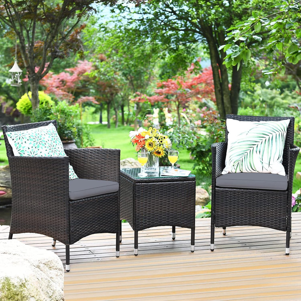 COSTWAY 3 PCS Patio Furniture Set, Outdoor Wicker Conversation Set with Tempered Glass Coffee Table, Seat Cushions, Rattan Wicker Chairs for Poolside Balcony Porch Backyard, Gray