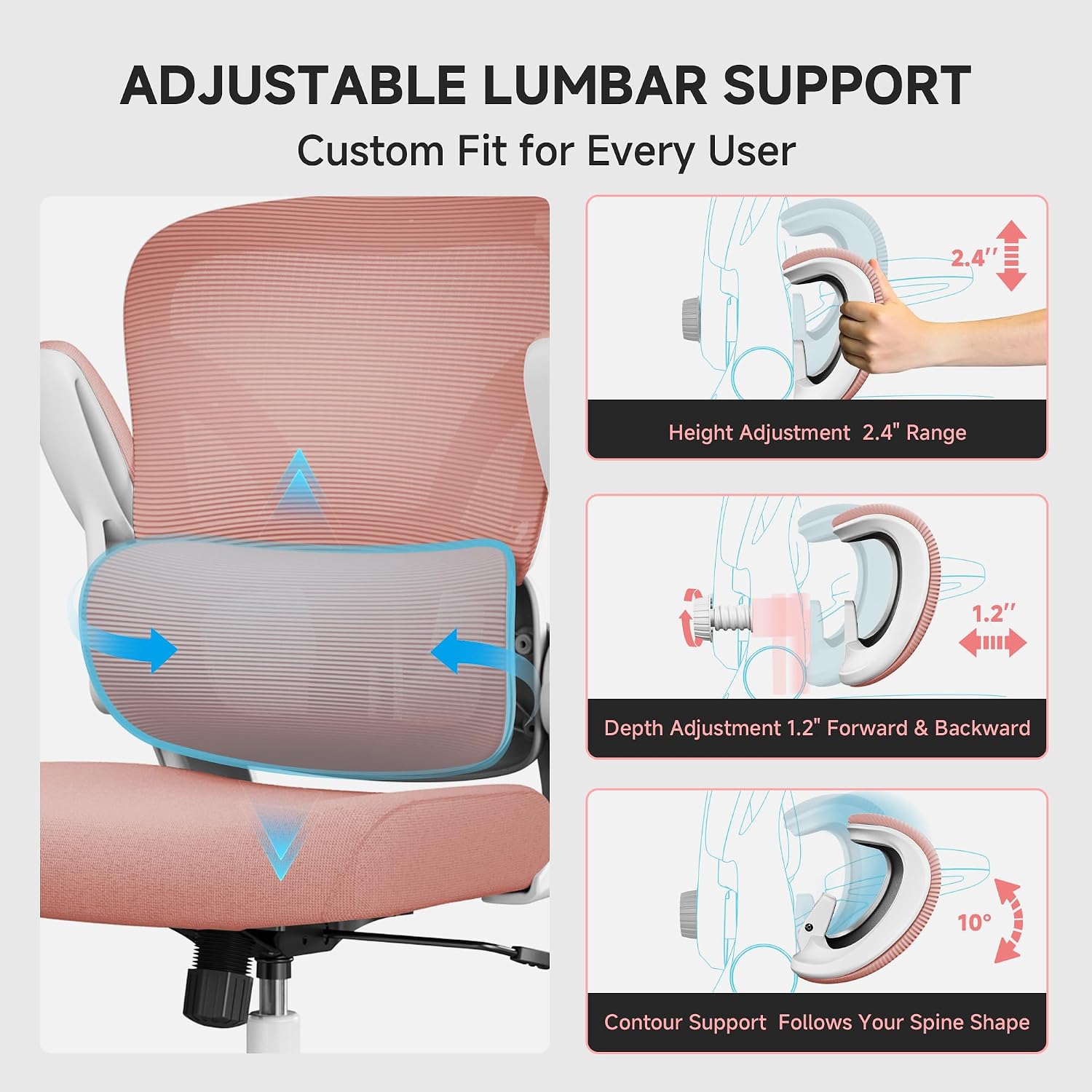 Ergonomic Office Chair, 330LBS Desk Chair with 3-Level Lumbar Support & Headrest, Breathable Mesh Backrest, Flip-Up Armrests for Home Office and Gaming, Pink