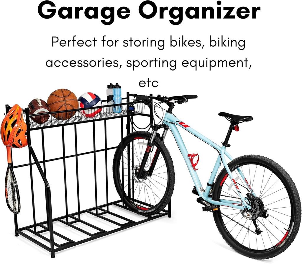 BIRDROCK HOME Bike Rack Garage Storage Floor Stand - Freestanding Organizer for Outdoor Yard - Upright Wall Mount for Scooters, Rakes, Motorcycles, Hoverboards, Gloves - Holds 4 Bicycle - Black