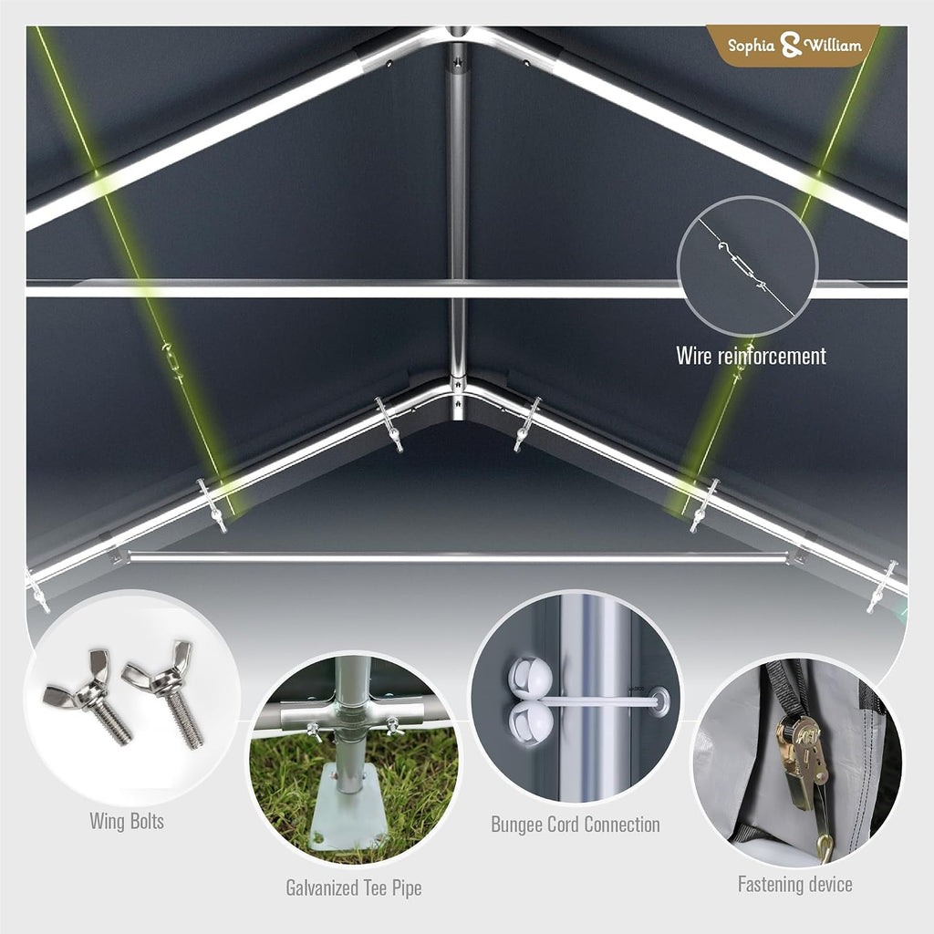 Sophia & William Carport Storage Shed 13x24 ft Portable, Heavy Duty Car Port Canopy Garage Shelter with Sidewalls and Roll Up Doors for Automobile Boat Motorcycle Bike, Gray