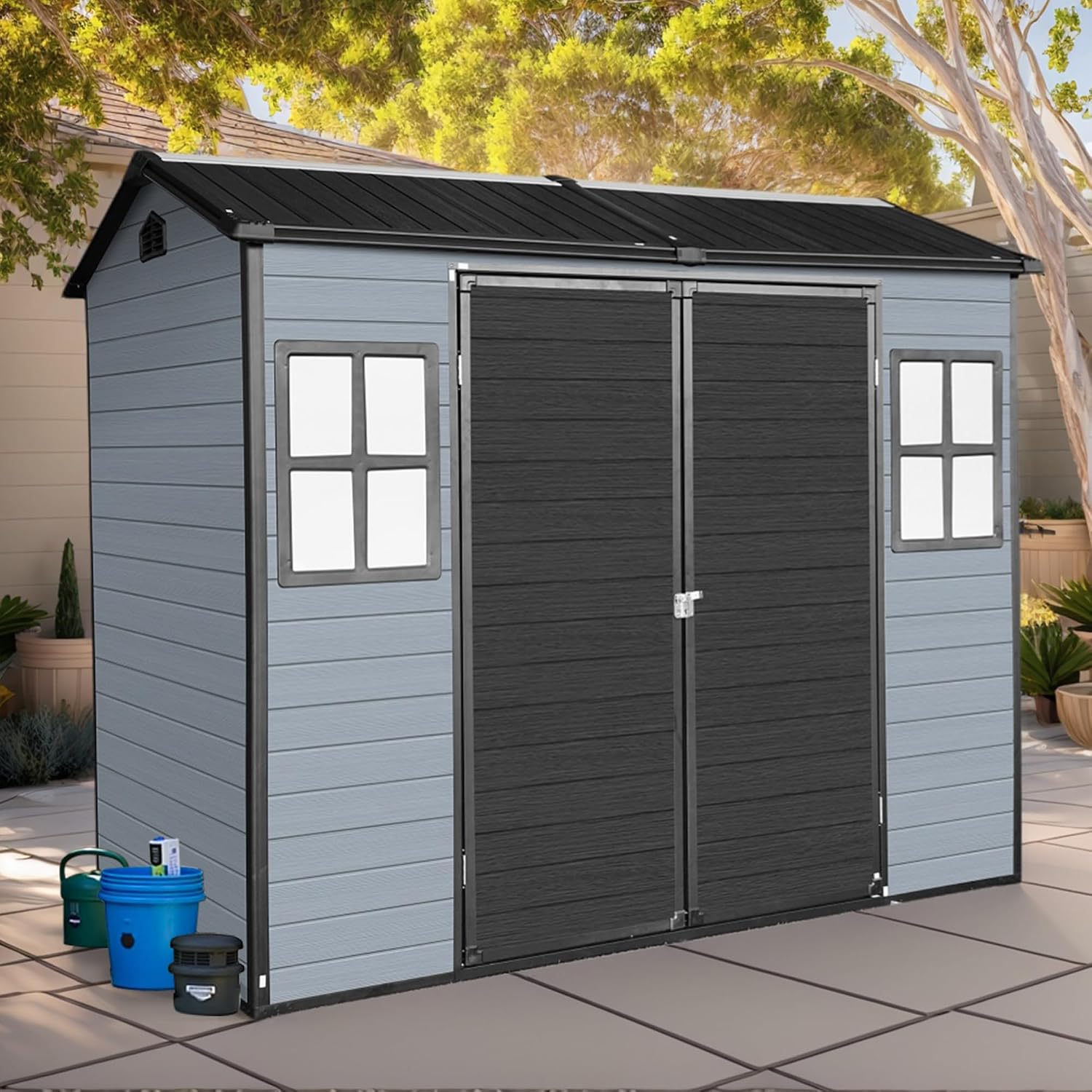 YOPTO 4x8 Ft Resin Outdoor Storage Shed Weather Resistant with Floor,Outdoor Resin Storage Shed W/ 2 Windows,Garden Tool House W/Lockable Door & Slpoed Roof,for Backyard,Patio,Lawn,Gray+Black