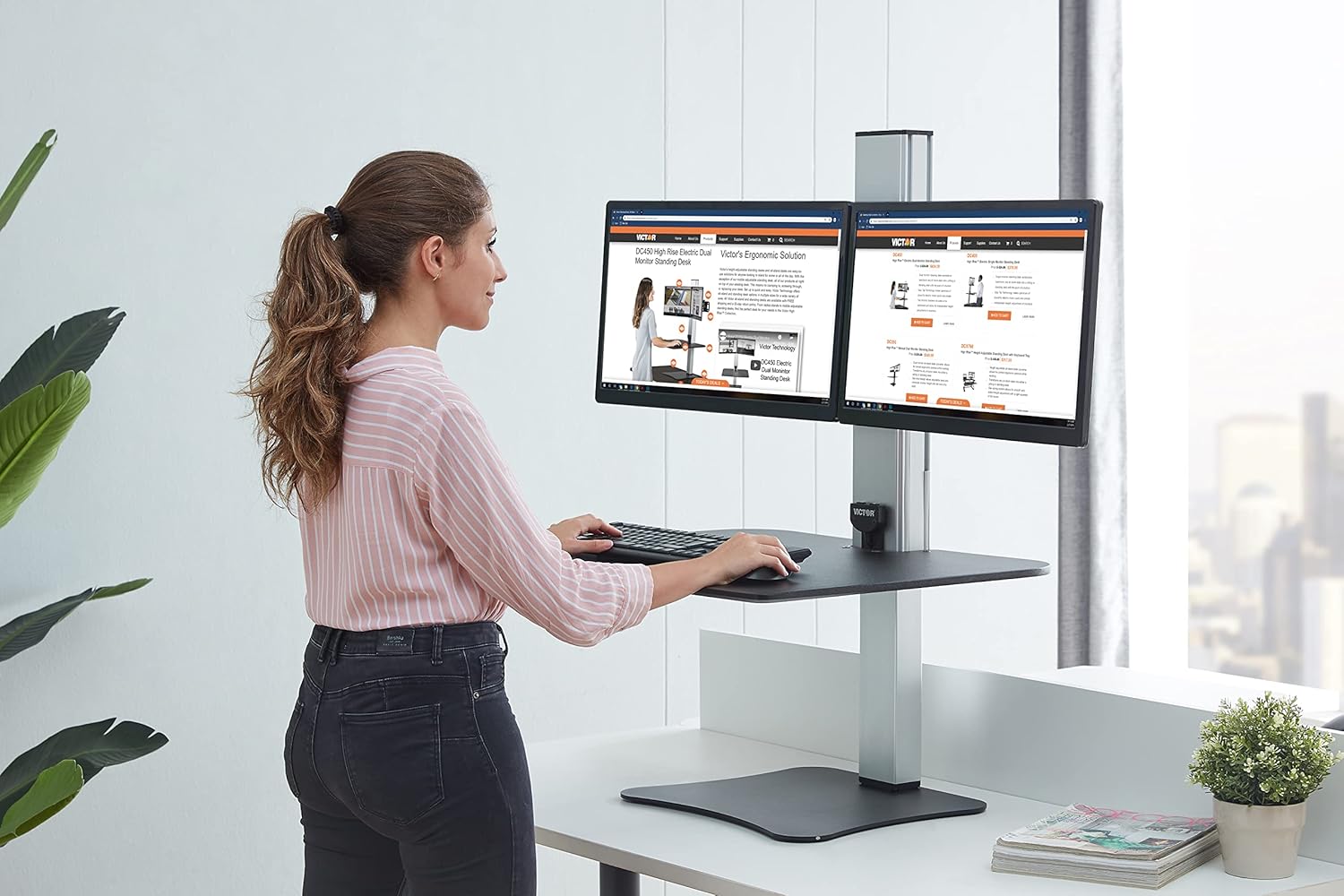 Victor Dual Monitor Electric Standing Desk Workstation, Height Adjustable Sit-Stand Converter with Dual Monitor Support, 28″ x 23″ Work Surface (DC450)