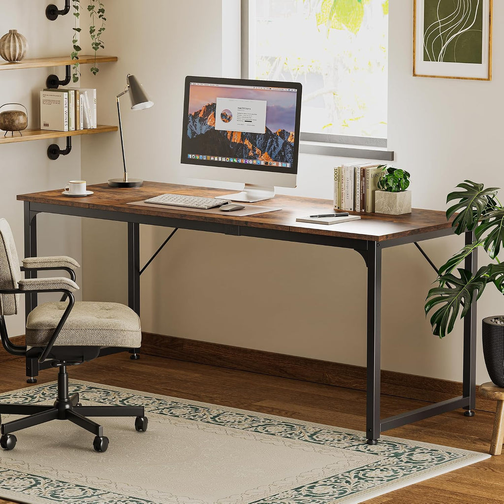 Huuger Computer Desk, 70 Inch Office Desk, Gaming Desk with Storage, Writing Desk Work Desk for Home Office, Study, Long Simple Desk, Large Legroom, Metal Frame, Rustic Brown