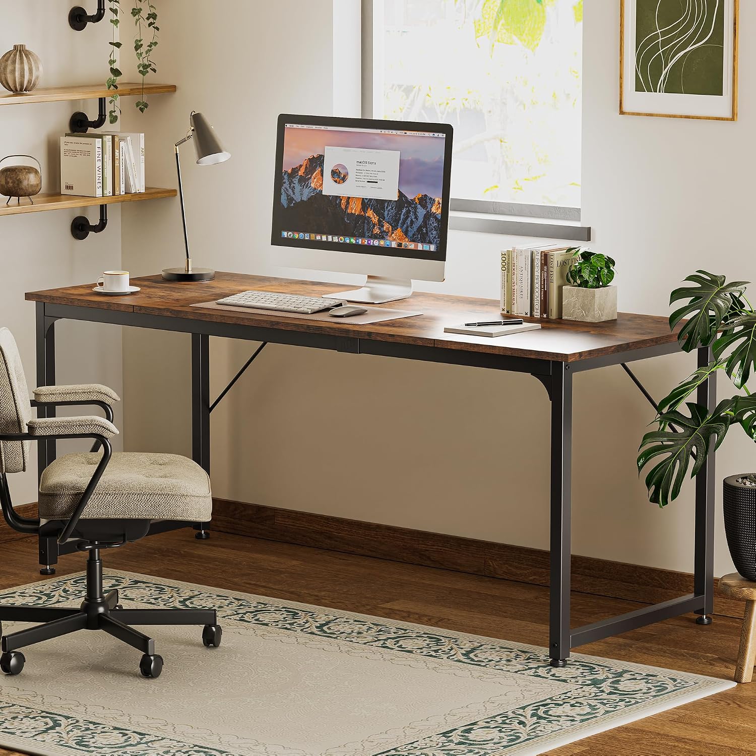 Huuger Computer Desk, 70 Inch Office Desk, Gaming Desk with Storage, Writing Desk Work Desk for Home Office, Study, Long Simple Desk, Large Legroom, Metal Frame, Rustic Brown