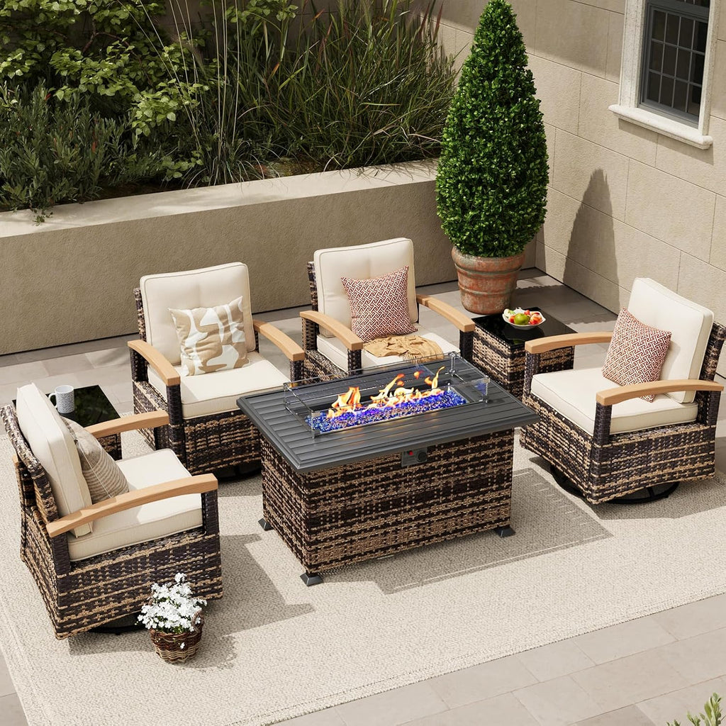 MEISSALIVVE 7 Pieces Patio Furniture Sets with Fire Pit Table, Wicker Outdoor Conversation Sets with 4 Swivel Rocker Chairs and Side Table(Beige)