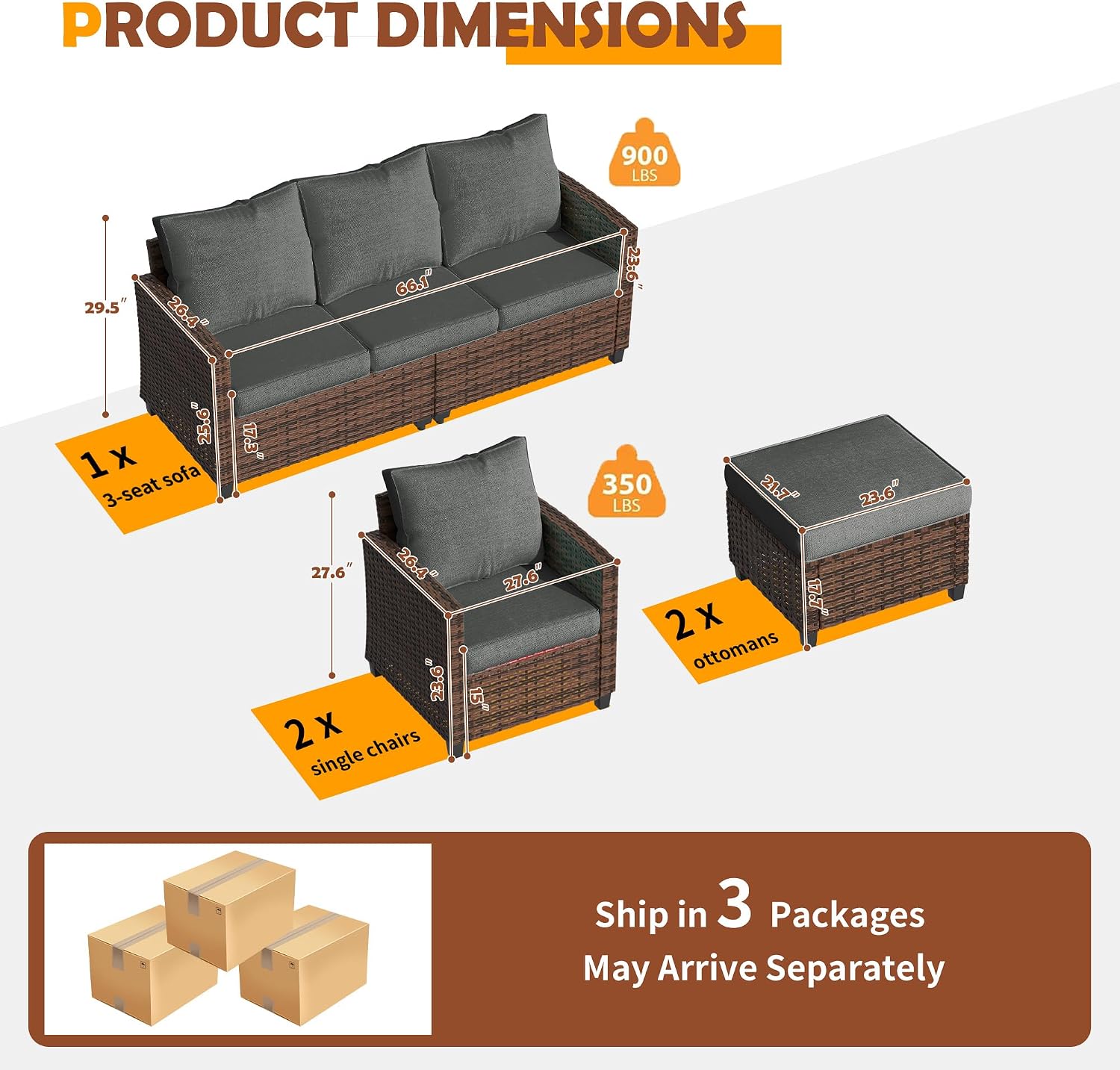 UDPATIO Patio Conversation Set, 5 Pieces Outdoor Furniture Set, All-Weather Wicker Rattan High Back Outdoor Sectional Sofa Set with Ottoman for Poolside, Backyard, Brown Wicker Dark Grey Cushions