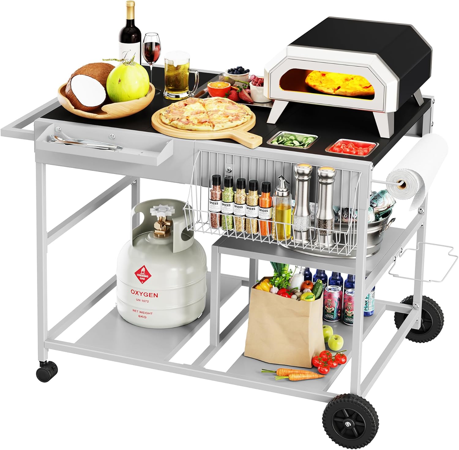 JY QAQA Outdoor Pizza Oven Stand with Condiment Shelf, Outdoor Cooking Cart, Grill Worktable for Patio, Food Prep Station Fits Ninja Woodfire Grill, Cuisinart Grill, Blackstone Griddle