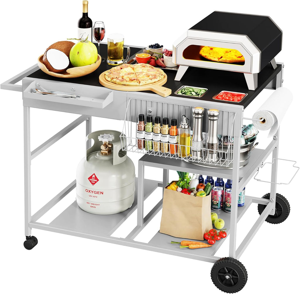 JY QAQA Pizza Oven Table Grill Cart with Condiment Shelf, Outdoor Cooking Cart, Grill Worktable for Patio, Food Prep Station Fits Ninja Woodfire Grill, Cuisinart Grill, Blackstone Griddle etc Grill