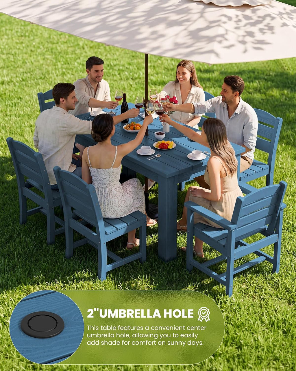 SERWALL Patio Dining Set with 15FT Double Side Umbrella, Outdoor Dining Sets with 1 Rectangular Table and 6 Chairs, HDPE Dining Sets Blue（Umbrella Base not Included）