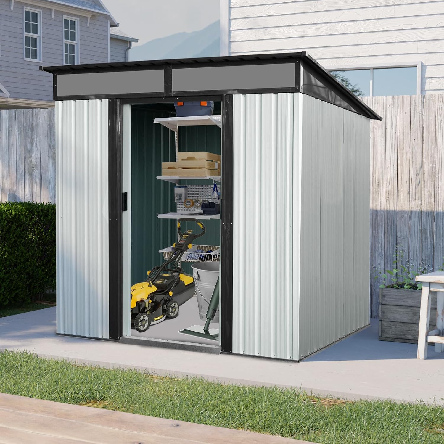 Ball & Cast 6x5 FT Outdoor Metal Storage Shed,Waterproof Garden Organizer Tool House with Lockable Sliding Doors and Transparent Plate,Aluminum Backyard Cabinet W/Ventilation,for Bike,White+Black