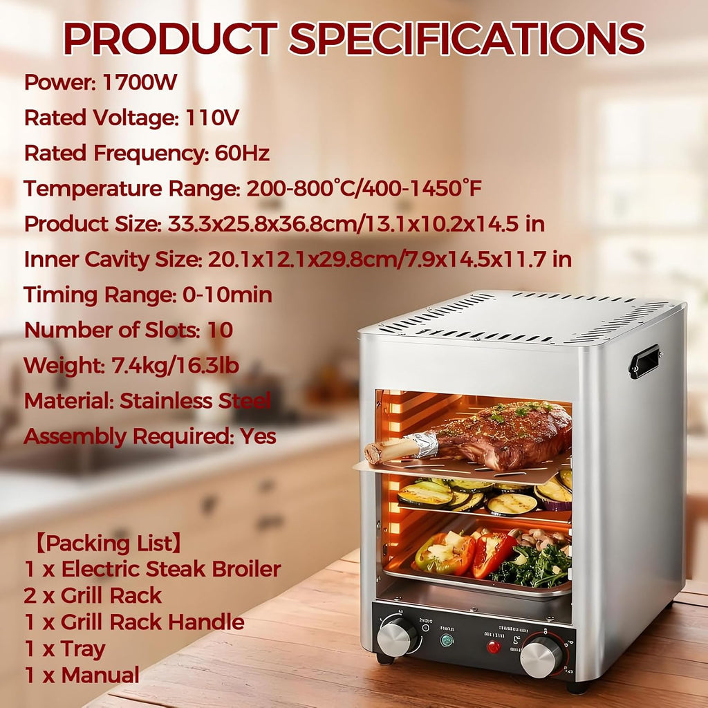 BANGBANGJI Electric Infrared Grill, 1700W Stainless Steel Steak Cooker, Time Temperature Adjustable & 10-Tier Rack, Perfect for Homes, Restaurants Cooking Pizzas, Steaks & Seafood