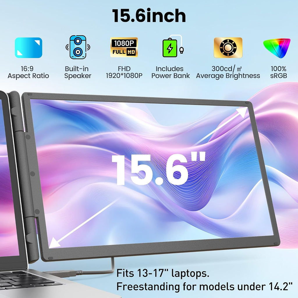 KEFEYA 15.6' Laptop Screen Extender, Includes Power Bank, FHD 1080P IPS Triple Laptop Monitor Extender for 13-17' Laptops, Plug & Play with HDMI/USB-A/TYPE-C/Hub, Compatible with Windows, Mac, Android