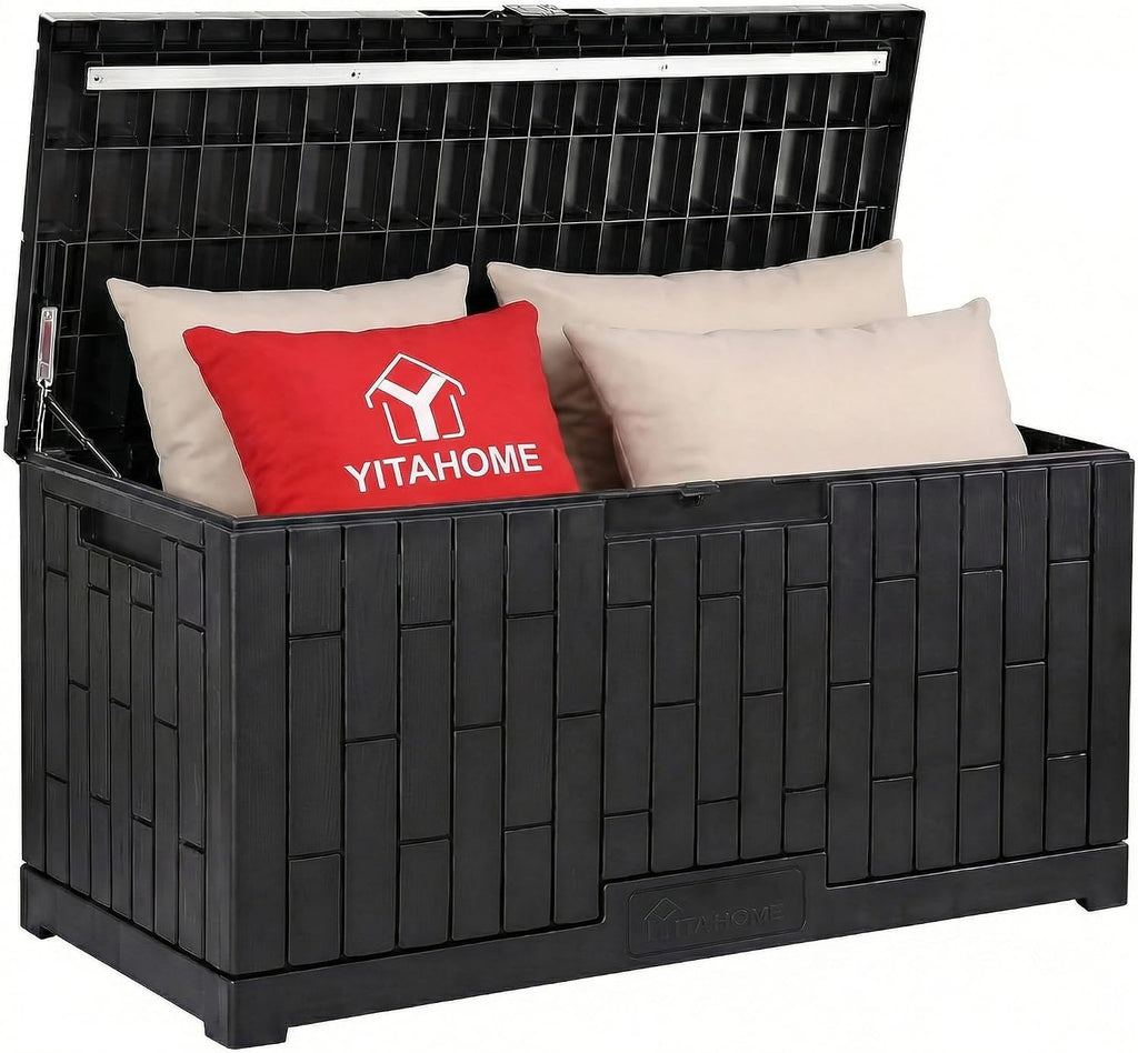 YITAHOME 120 Gallon Outdoor Storage Deck Box, Large Resin Patio Storage Box with Slide-Locking Lid, 53'L 2-Person Bench Seat for Outdoor Pillows, Garden Tools & Pool-Supplies, Waterproof (Black)