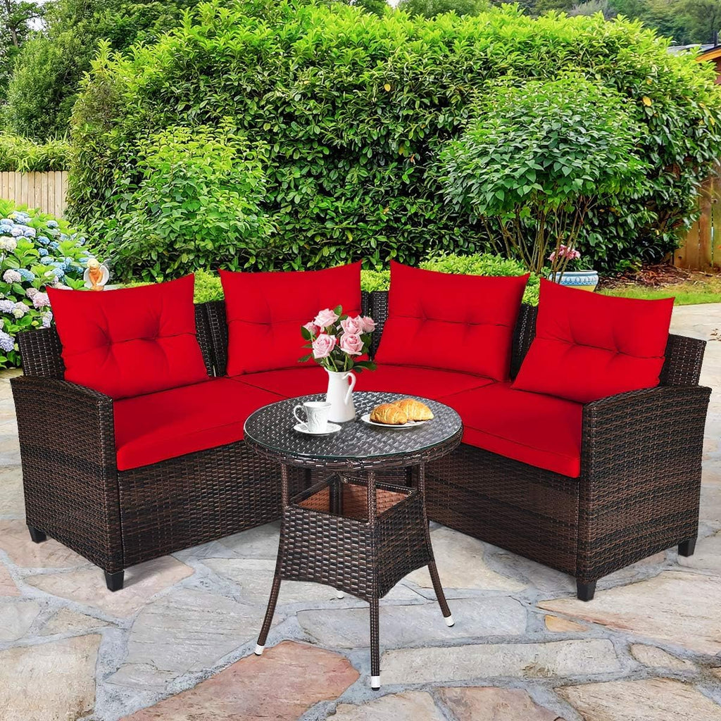 HAPPYGRILL 4 Pieces Rattan Patio Conversation Set, Outdoor Wicker Furniture Set with Cushioned Sofas and Coffee Table, L-Shape Sectional Curved Sofa Set for Garden Poolside Balcony