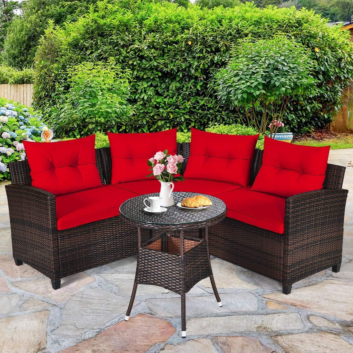 HAPPYGRILL 4 Pieces Rattan Patio Conversation Set, Outdoor Wicker Furniture Set with Cushioned Sofas and Coffee Table, L-Shape Sectional Curved Sofa Set for Garden Poolside Balcony