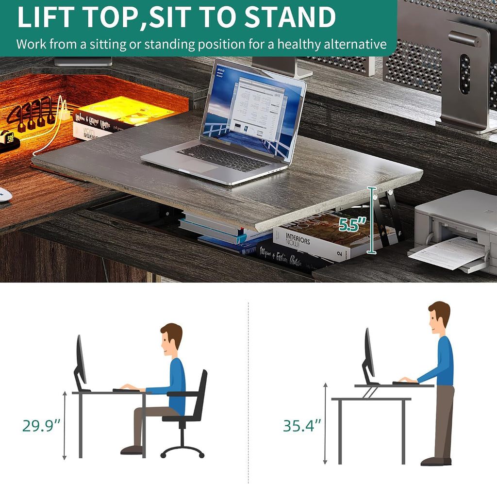 DWVO L Shaped Desk with Drawers, 60' Corner Computer Desk with Power Outlets & Lift Top, Home Office Desk with Storage Cabinet & LED Lights, Wood Desk, Height Adjustable Desk, Grey