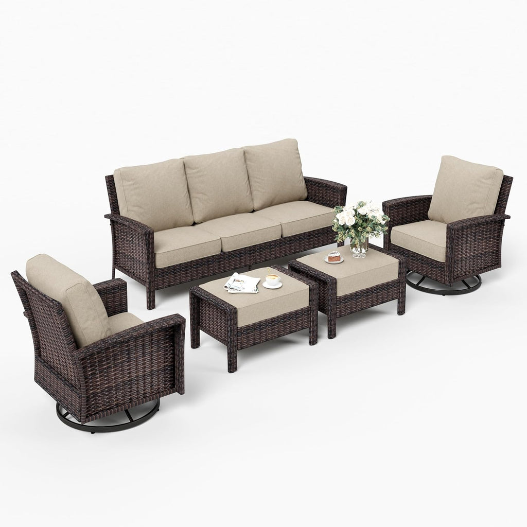 SUNSHINE VALLEY 5 Pieces Patio Furniture Set with Swivel Chairs, High Back Wicker Rattan Sofa with Extra Thick Cushion and Ottoman, Outdoor Conversation Set for Garden Backyard Deck,Beige