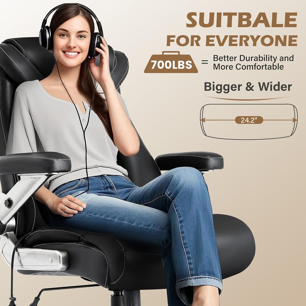 700lbs Big and Tall Office Chair-Adjustable Lumbar Support, Ergonomic PU Heavy Duty Executive Office Chair with 5D Flip Arms&Dual Rubber Wheel,Large Thick Padded Extra Wide Seat Game Chair,Black