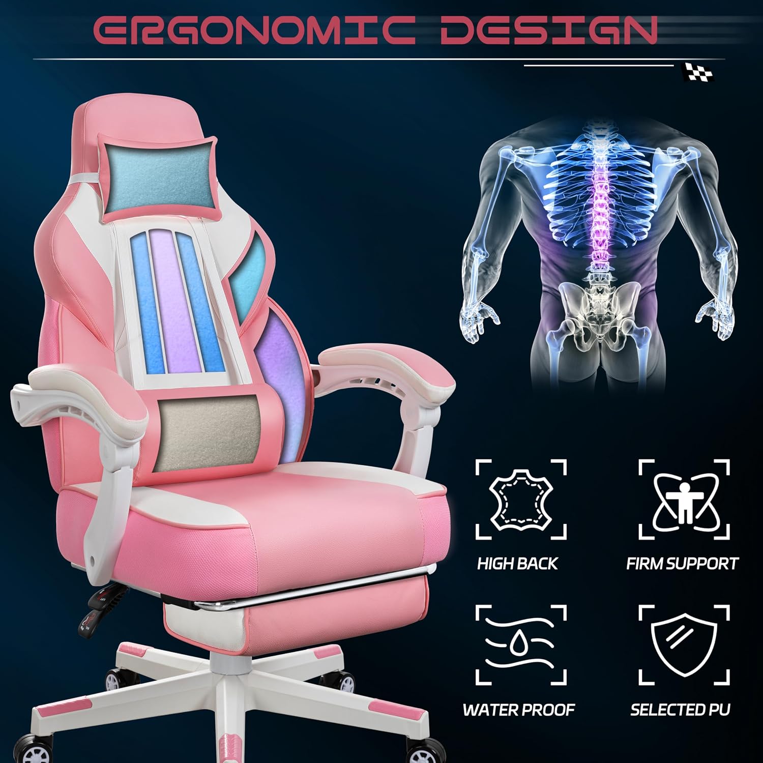Big and Tall Gaming Chair for Adults, 330lbs Heavy Duty Computer Chair with Footrest & Massage Lumbar Support, Wide Seat High Back Reclining Desk Chair, 360° Swivel, Pink