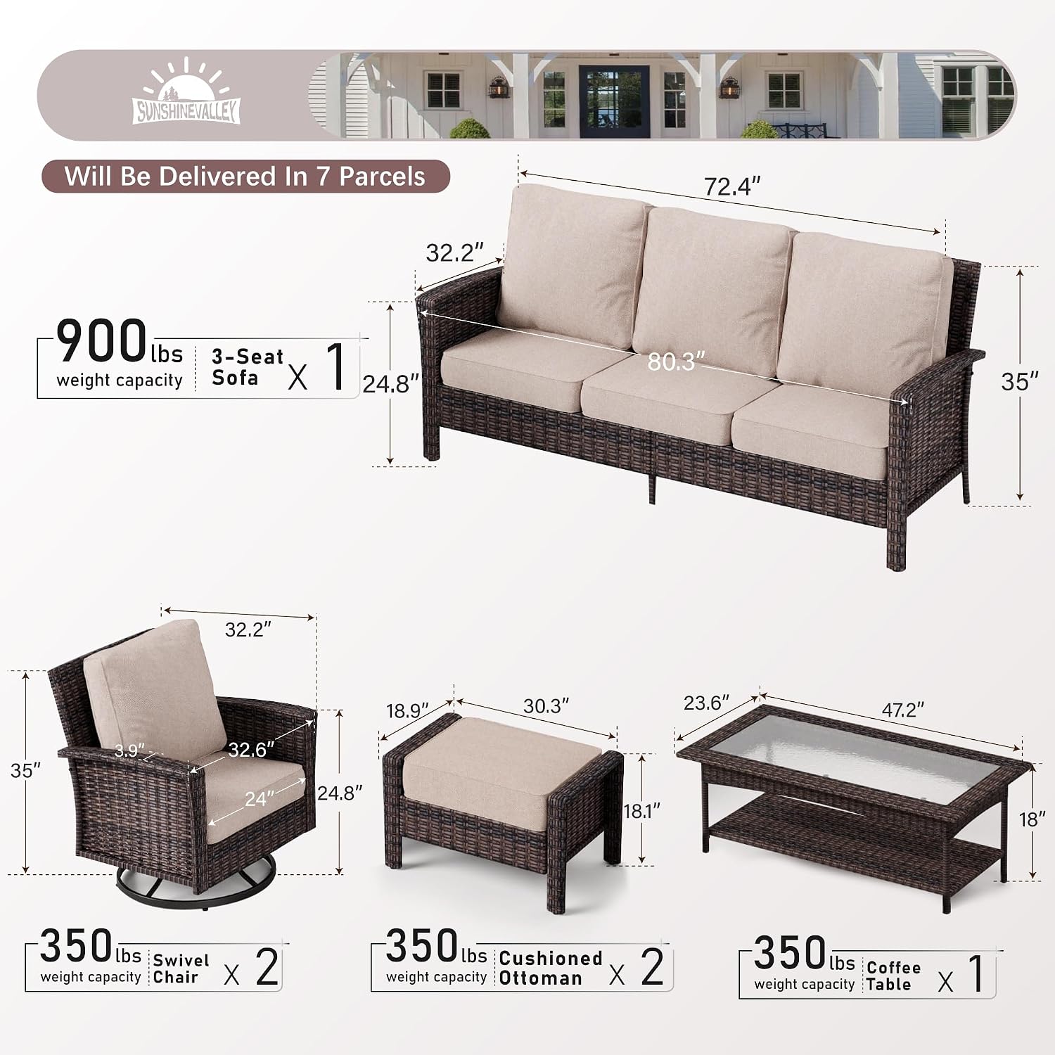 SUNSHINE VALLEY 6 Piece Patio Furniture Set with Swivel Chairs, High Back Wicker Rattan Sofa with Extra Thick Cushion, Coffee Table and Ottoman, Outdoor Conversation Set for Backyard Deck,Beige