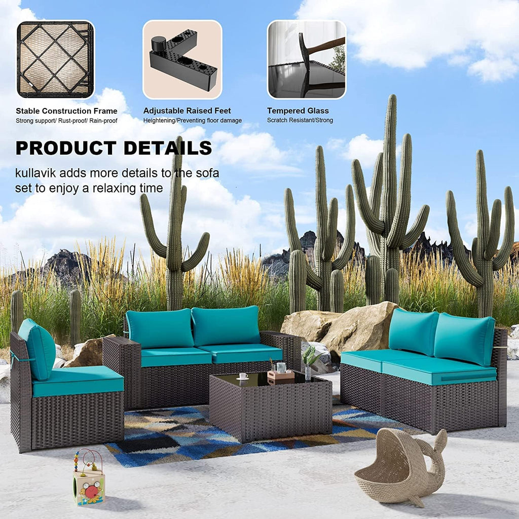 Kullavik Outdoor Patio Furniture Set,12 Pieces Sectional Rattan Sofa Set Brown PE Rattan Wicker Patio Conversation Set with 10 Seat Cushions and 2 Tempered Glass Coffee Table,Turquoise Blue
