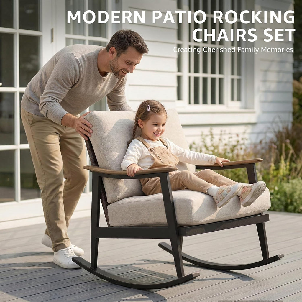 NATURAL EXPRESSIONS Rocking Bistro Set,3 Piece Wicker Patio Furniture Set with 2 Outdoor Rocker Chairs,Rattan Back,Aluminum Wood-like Armrest,Sturdy Metal Frame,6' Soft Cushions for Porch,Balcony,Yard
