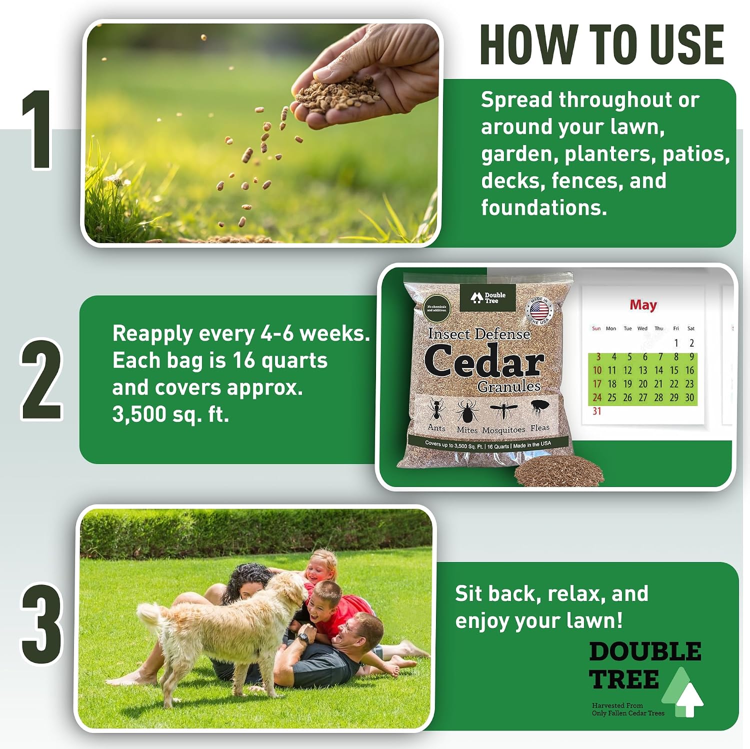 Double Tree Home and Garden Cedar Granules | Repels Fleas, Ticks, Ants, and Mosquitos | Rich Cedar Scent | Non Toxic | Pet Safe | 3 Bags (48 Quarts)