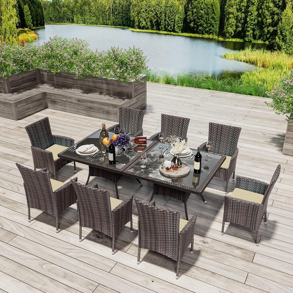 10 Pieces Outdoor Patio Dining Set,Patio Table and Chairs Rattan Outdoor Patio Furniture Set with Umbrella Hole,Dining Table Set for 8 with Chairs for Backyard,Garden and Kitchen,Brown