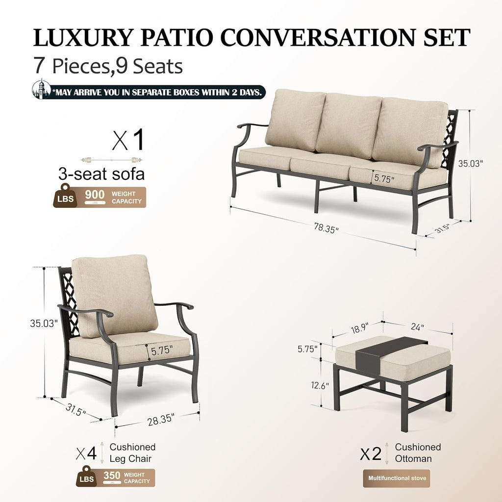 HERA'S HOUSE 7 Piece Patio Furniture Set, 4 x Fixed Metal Cushioned Chair, 2 x Cushioned Ottoman, 1 x 3-Seat Sofa, Outdoor Conversation Set for Lawn Garden Backyard Poolside