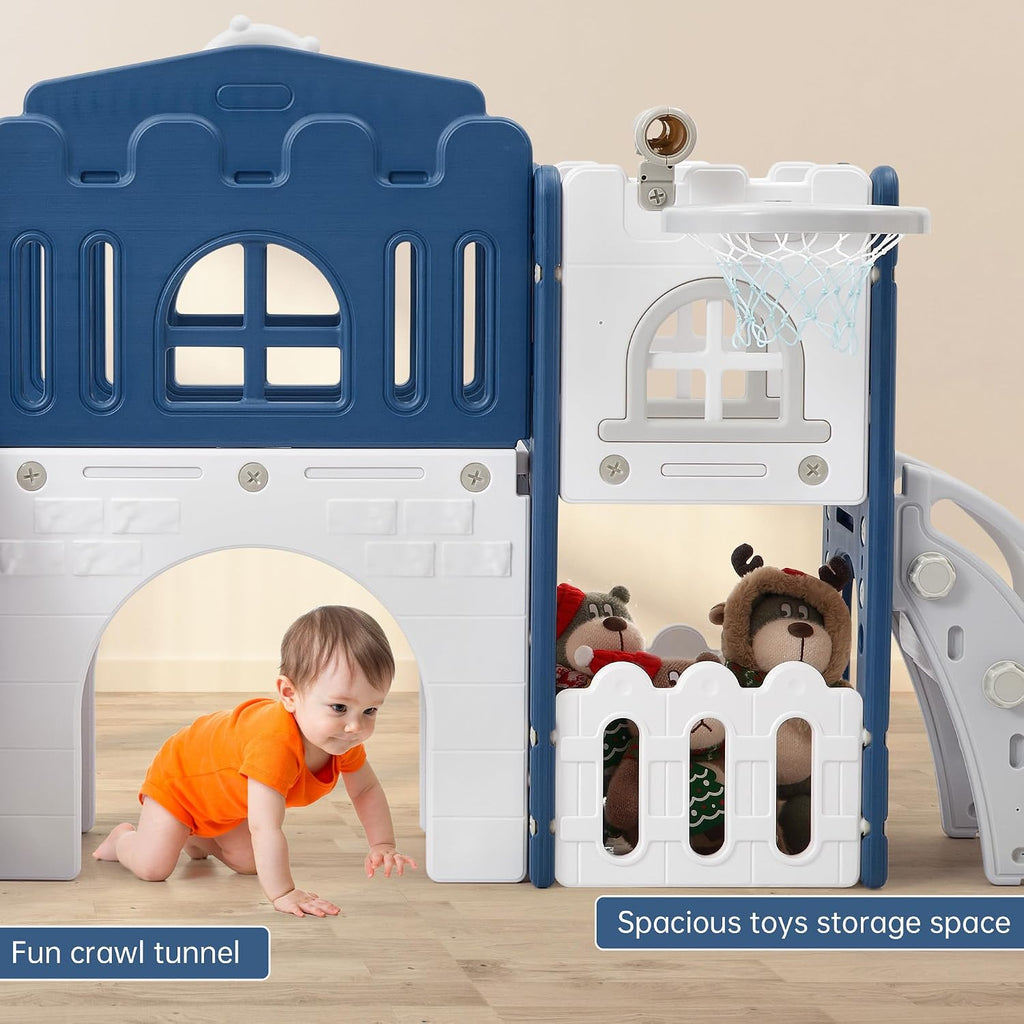 Garvee Toddler Slide 8 in 1 Toddler Playset for Toddlers Age 1-3, Baby Playset for Indoor Outdoor Playground with Climber, Crawling Tunnel, Basketball Hoop, Telescope, Toy Storage