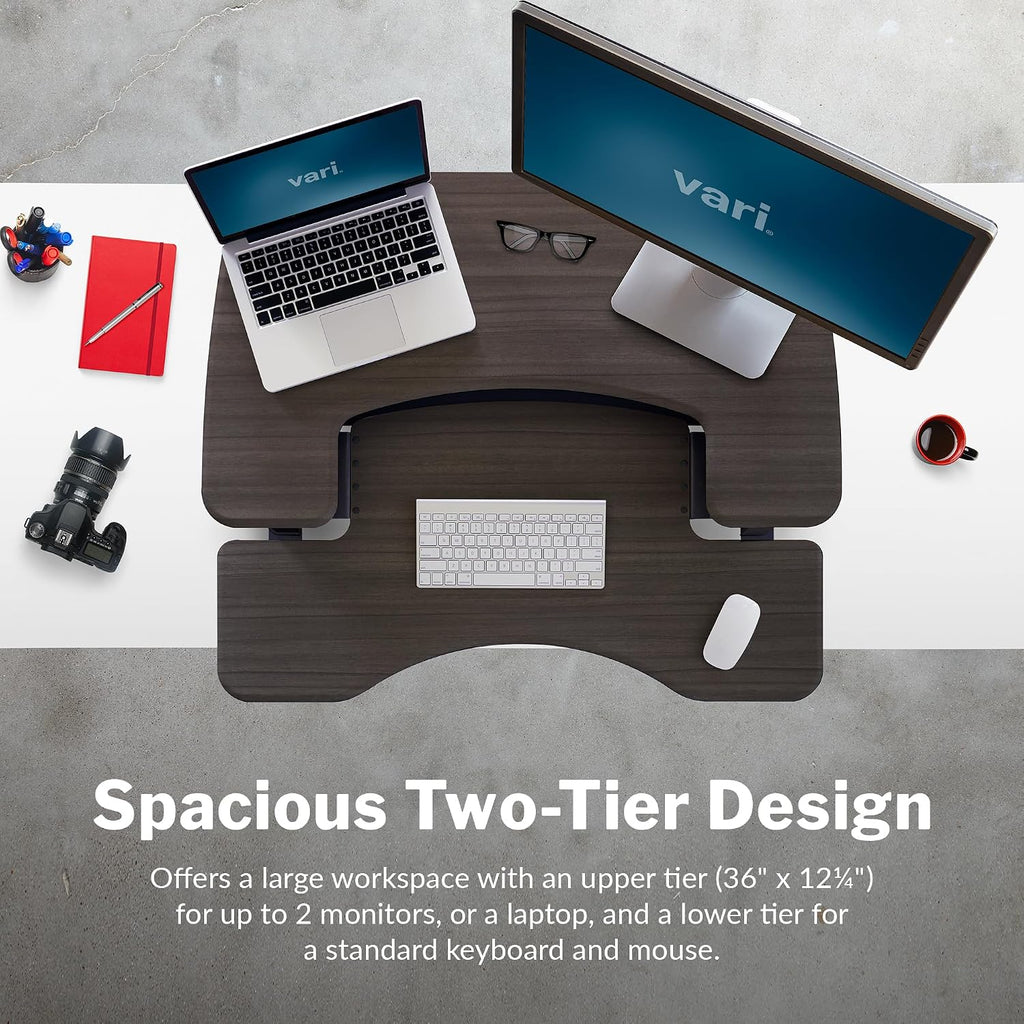 Vari Varidesk Pro Plus 36 Standing Desk Converter for Home Office – 11 Height Settings + Spring-Loader Lift, 2 Tier Design with Keyboard Tray, Fits Tables 26.5' Deep – Fully Assembled (Espresso)