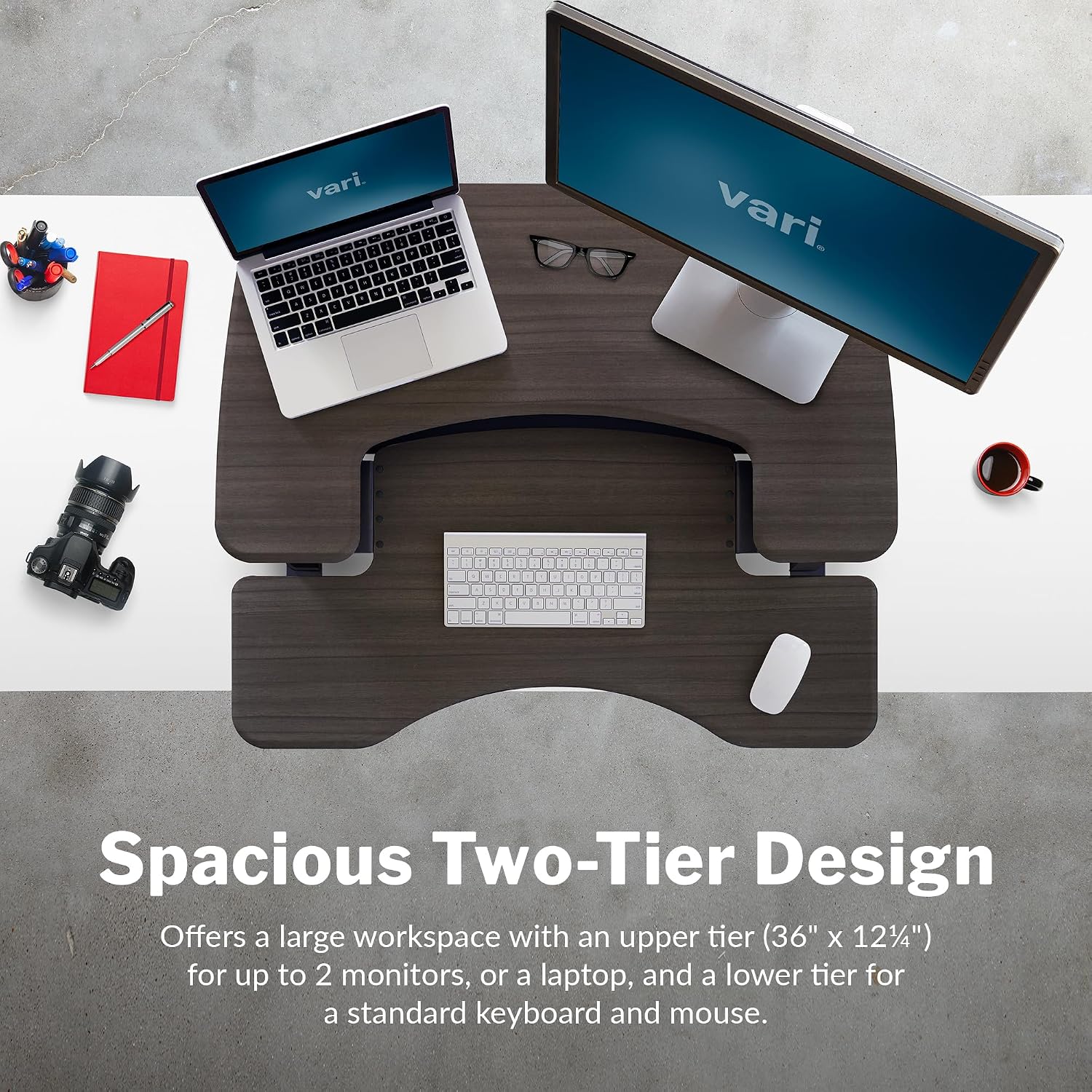Vari Varidesk Pro Plus 36 Standing Desk Converter for Home Office – 11 Height Settings + Spring-Loader Lift, 2 Tier Design with Keyboard Tray, Fits Tables 26.5' Deep – Fully Assembled (Espresso)