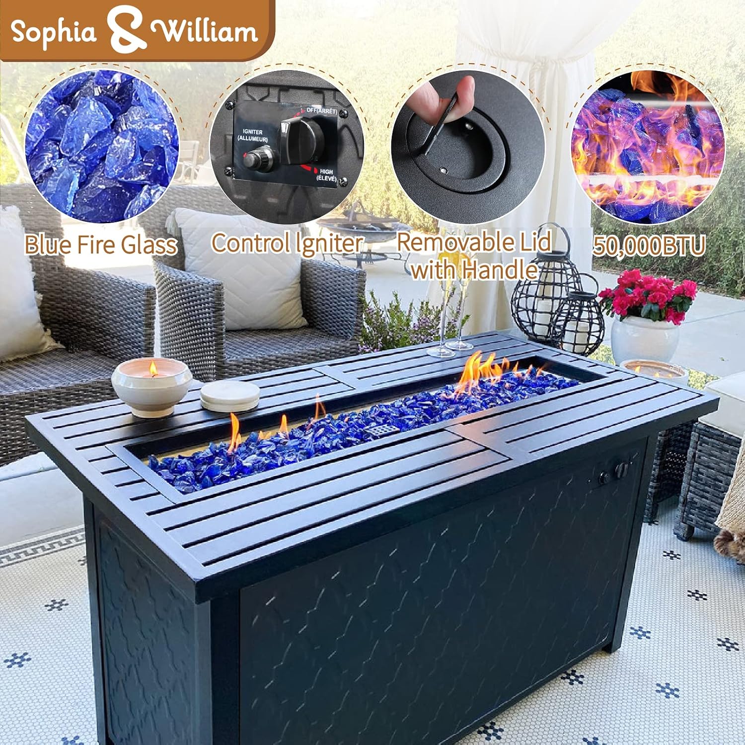 Sophia & William Patio Furniture Sets for 9 with 45' Gas Fire Pit Table Outdoor Conversation Sets 8 Pcs, 2xSofa Chairs, 2xSwivel Cushion Chairs, 1x3-Seat Sofa, 2xOttomans for Porch Poolside Navy
