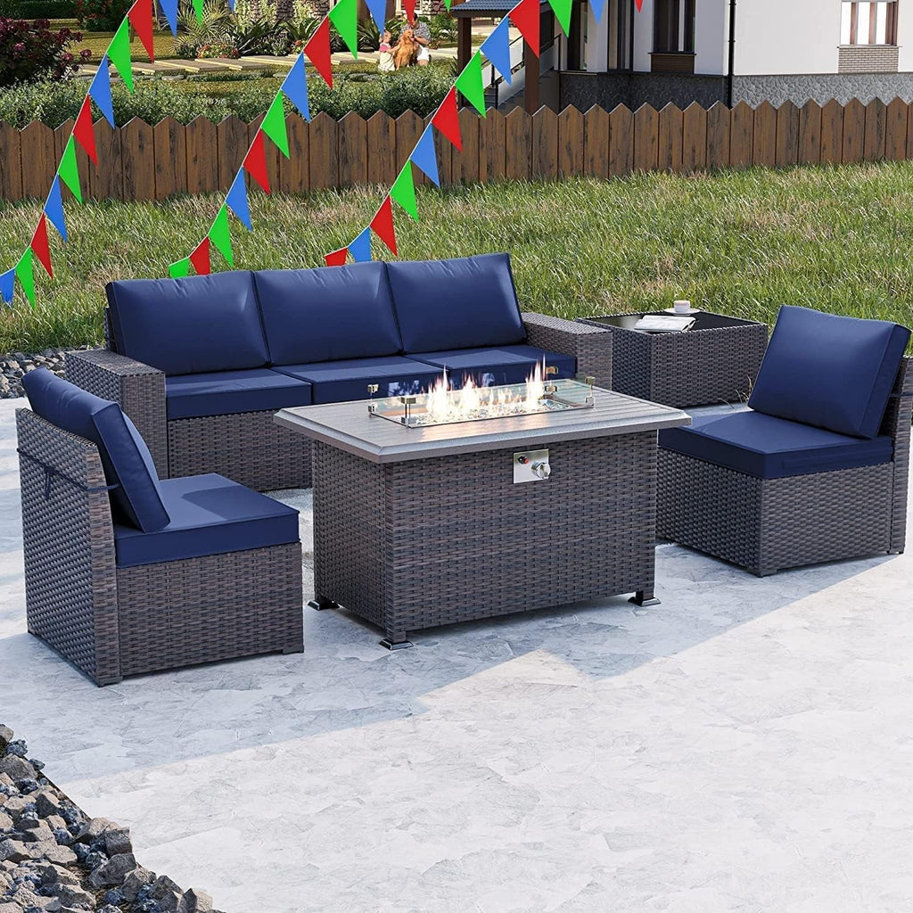 Kullavik 7 Pieces Outdoor Patio Furniture Set with 43' 55000BTU Gas Propane Fire Pit Table PE Wicker Rattan Sectional Sofa Patio Conversation Sets,Navy Blue