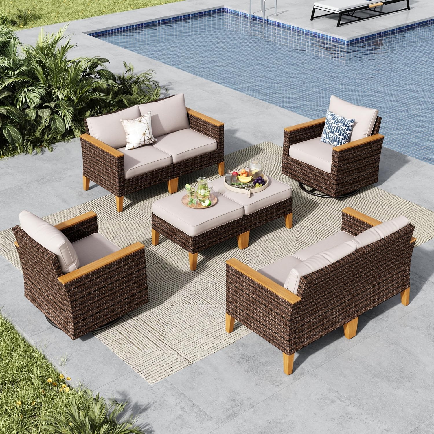 MFSTUDIO 8 Piece Wicker Patio Furniture Sets, 2 x Swivel Sofa, 2 x Ottoman, 4 x Corner Sofa, All-Weather PE Rattan Patio Conversation Set Outdoor Sectional Sofas for Garden(Beige Cushions)