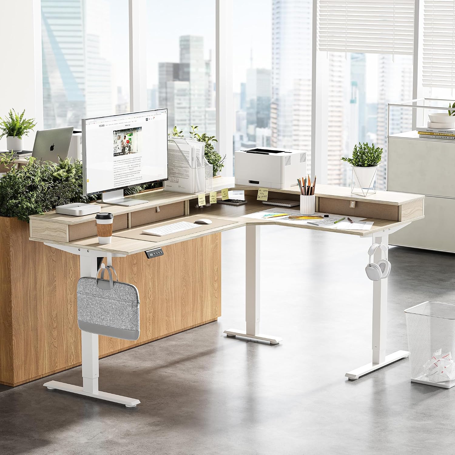 FEZIBO L Shaped Electric Standing Desk, 63 x 48inch Large with Drawers | Reversible Tabletop, 2 Memory Height Settings | Home Office & Gaming Height-Adjustable Table, Light Walnut （2 Packages）