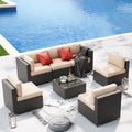 SUNCROWN 7-Piece Outdoor Patio Furniture Sofa Set All-Weather Black Wicker Sectional Conversation Set with Modern Glass Coffee Table and Cushions, Backyard, Garden, Poolside, Brown