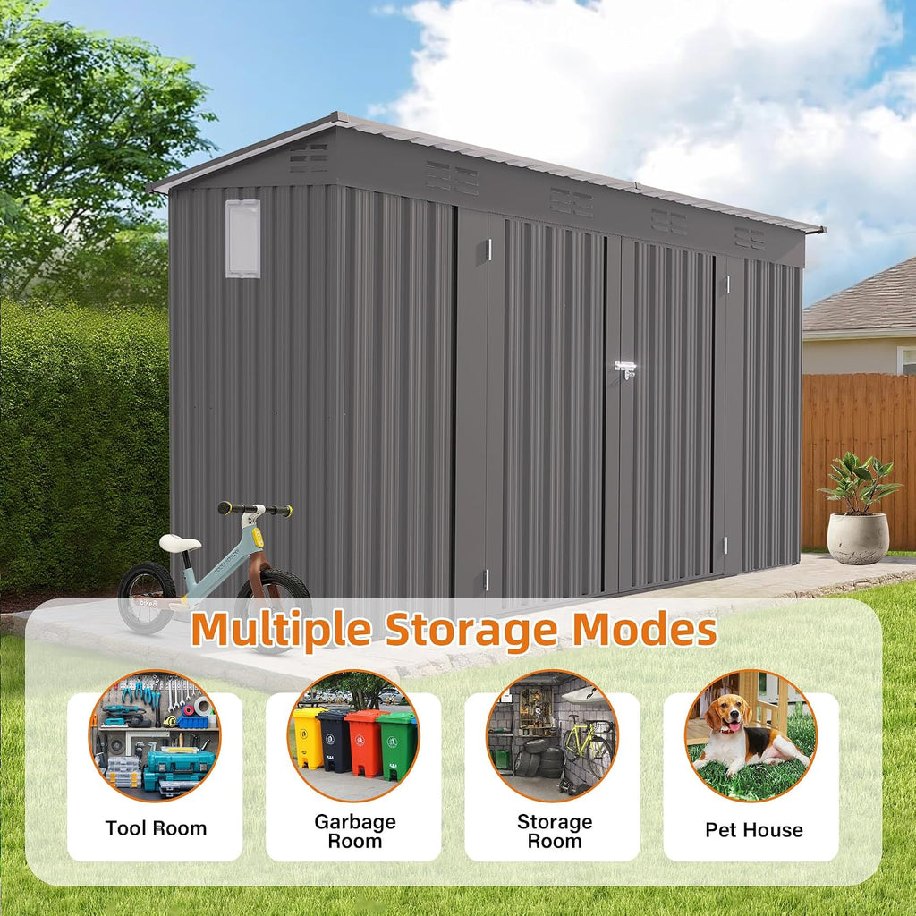 YOPTO 4x9 FT Outdoor Storage Shed W/Window,Metal Shed W/Lockable Door,Garden Tool Storage House W/ 6 Air Vents & Sloped Roof,for Backyard,Patio,Lawn,Gray